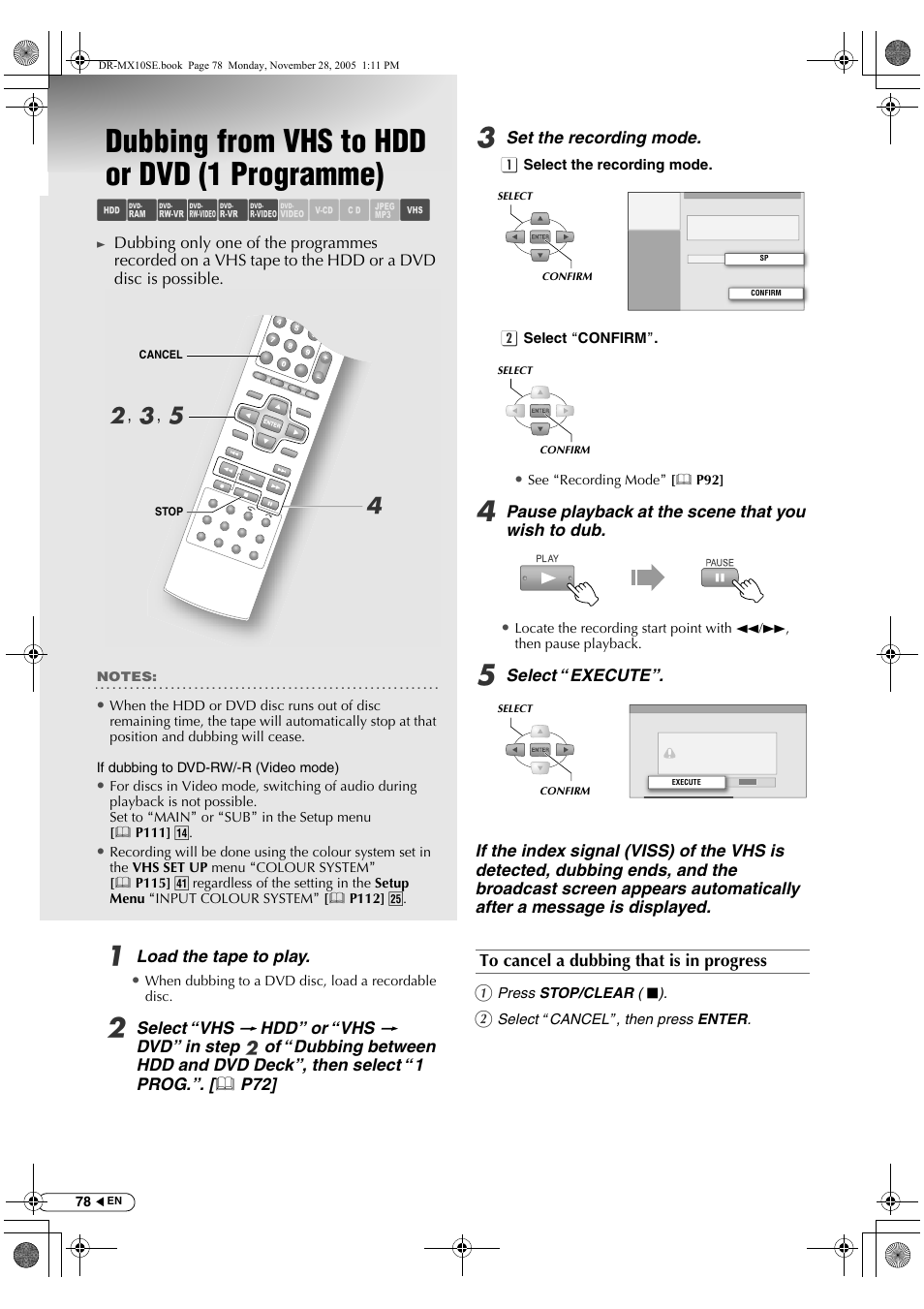 Dubbing from vhs to hdd or dvd (1 programme), Abcdef ghil m, B, c , e d | JVC DR-MX10SE User Manual | Page 78 / 128