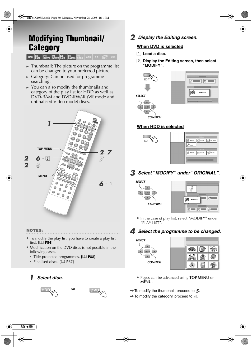 Editing, Modifying thumbnail/ category, Modifying thumbnail/category | Abcdef ghilm, B- f | JVC DR-MX10SE User Manual | Page 80 / 128