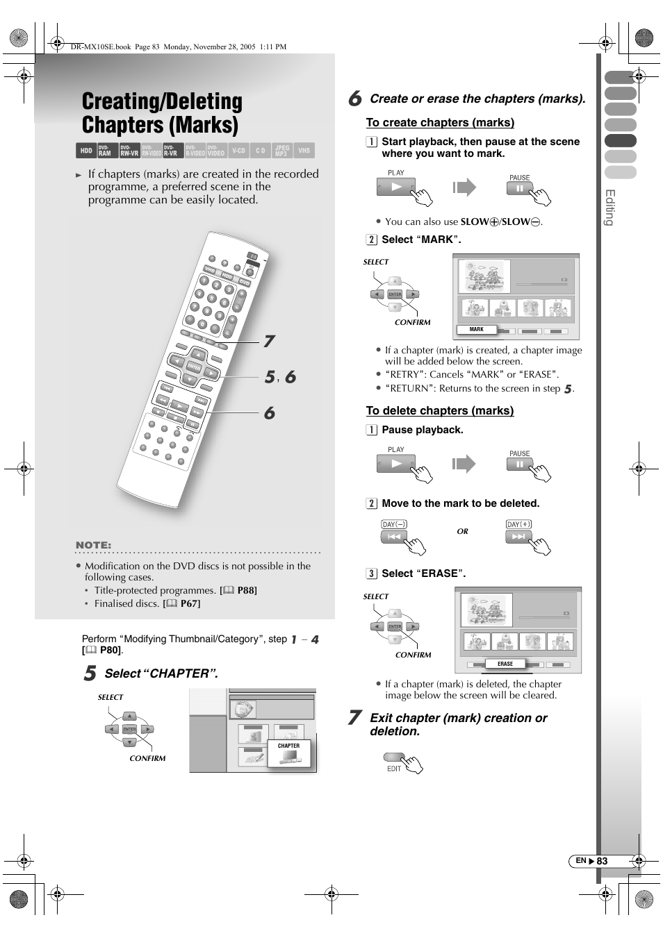 Creating/deleting chapters (marks), Abc d e fghilm, Fg e , f | JVC DR-MX10SE User Manual | Page 83 / 128
