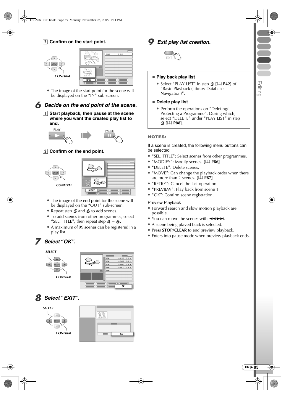 Edit ing, Decide on the end point of the scene, Select “ok | Select “exit, Exit play list creation | JVC DR-MX10SE User Manual | Page 85 / 128