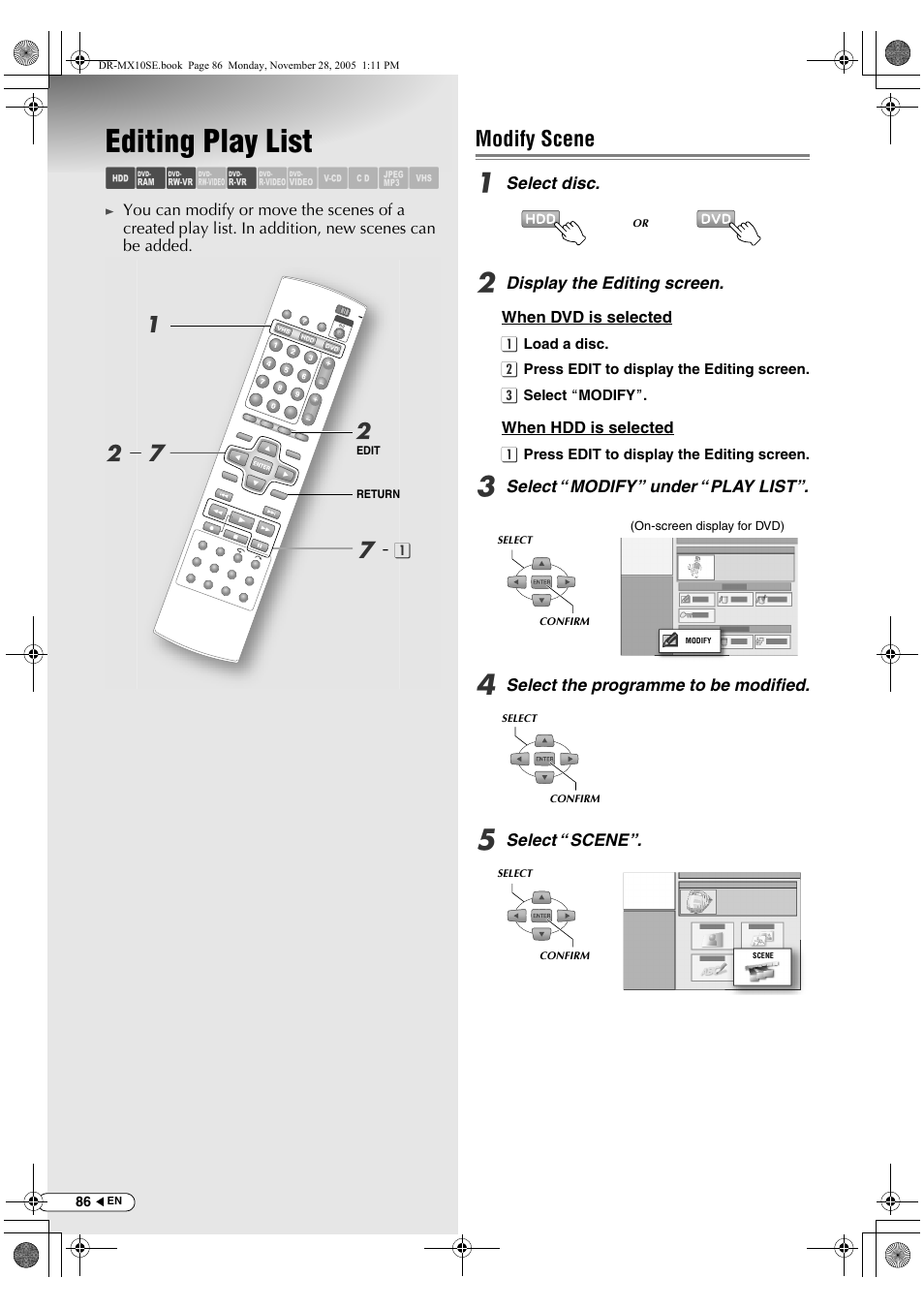 Editing play list, Modify scene, Abc d e fghilm | JVC DR-MX10SE User Manual | Page 86 / 128