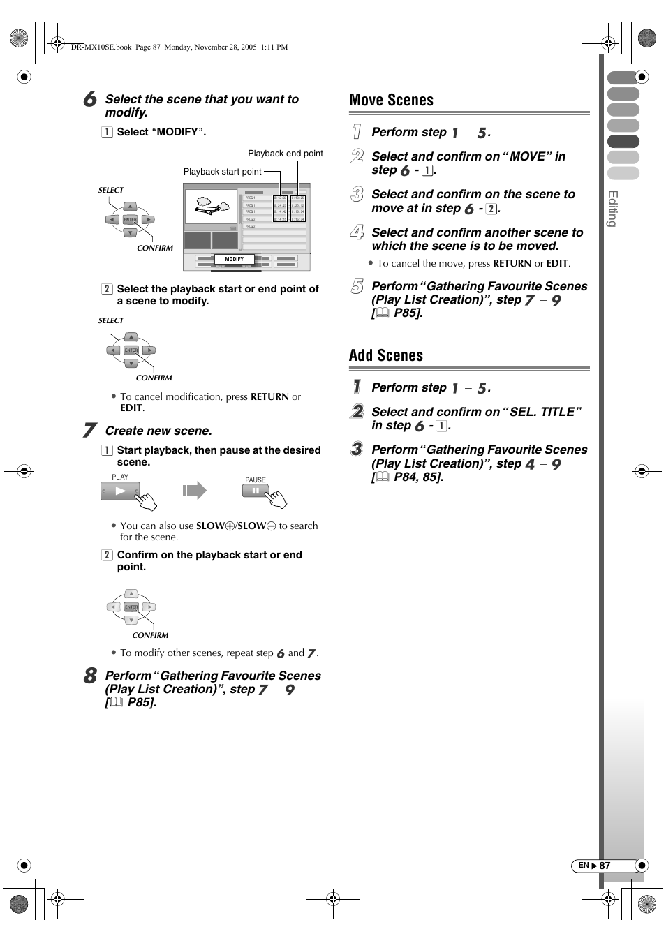 Move scenes, Add scenes, Move scenes add scenes | JVC DR-MX10SE User Manual | Page 87 / 128