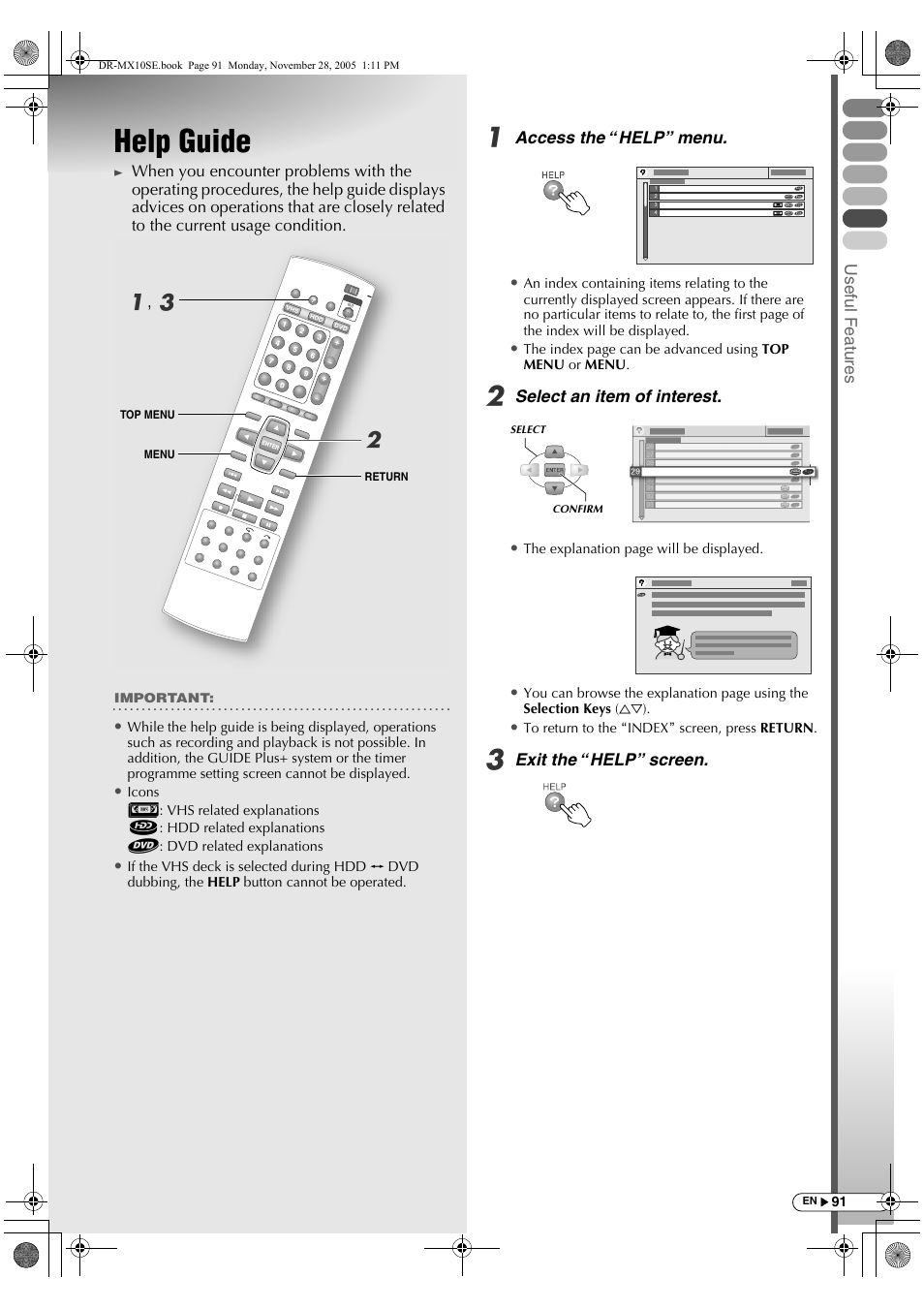 Useful features, Help guide, Ba , c | JVC DR-MX10SE User Manual | Page 91 / 128