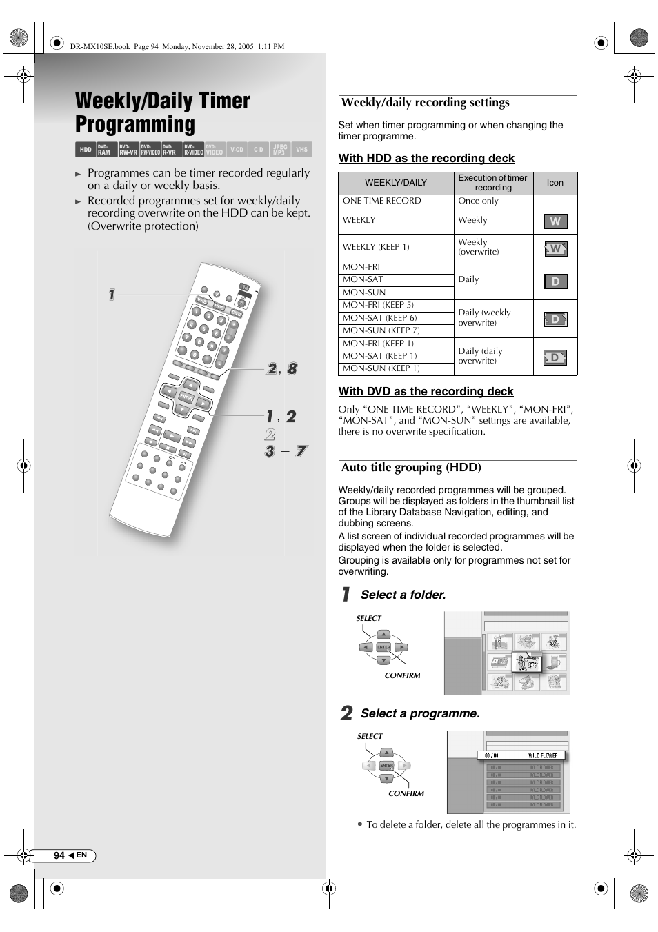 Weekly/daily timer programming, Abcdef ghilm, B, h a , b b c - g a | JVC DR-MX10SE User Manual | Page 94 / 128