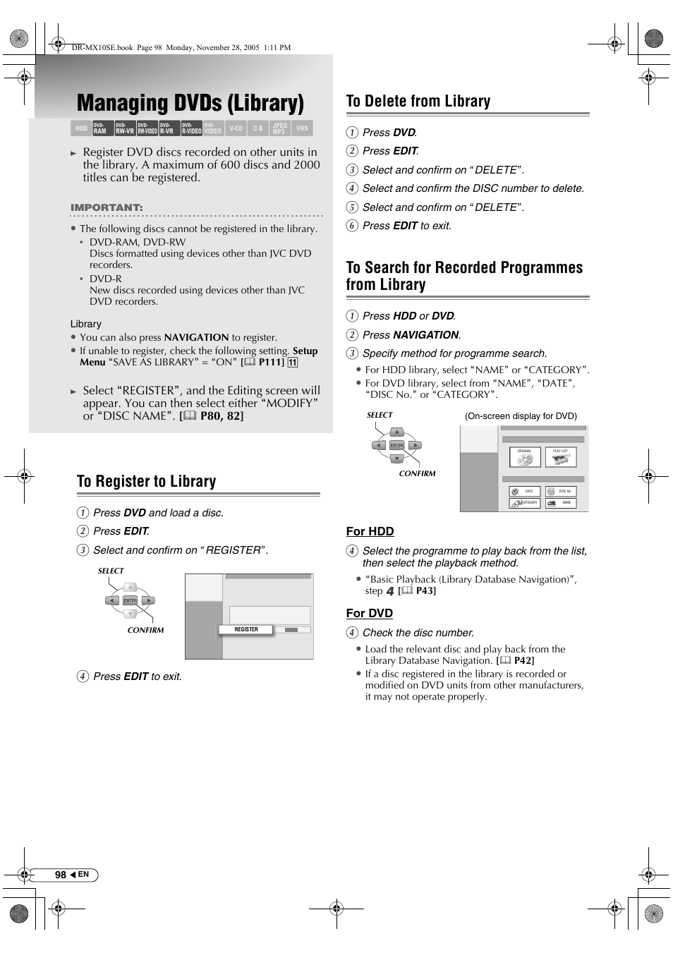 Managing dvds (library), To register to library, To delete from library | To search for recorded programmes from library, Abcdef ghilm | JVC DR-MX10SE User Manual | Page 98 / 128