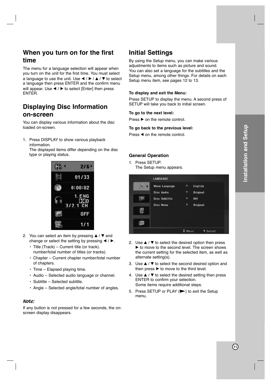 When you turn on for the first time, Displaying disc information on-screen, Initial settings | Operation reference introduction, Installation and setup | JVC XV-N372S User Manual | Page 11 / 25