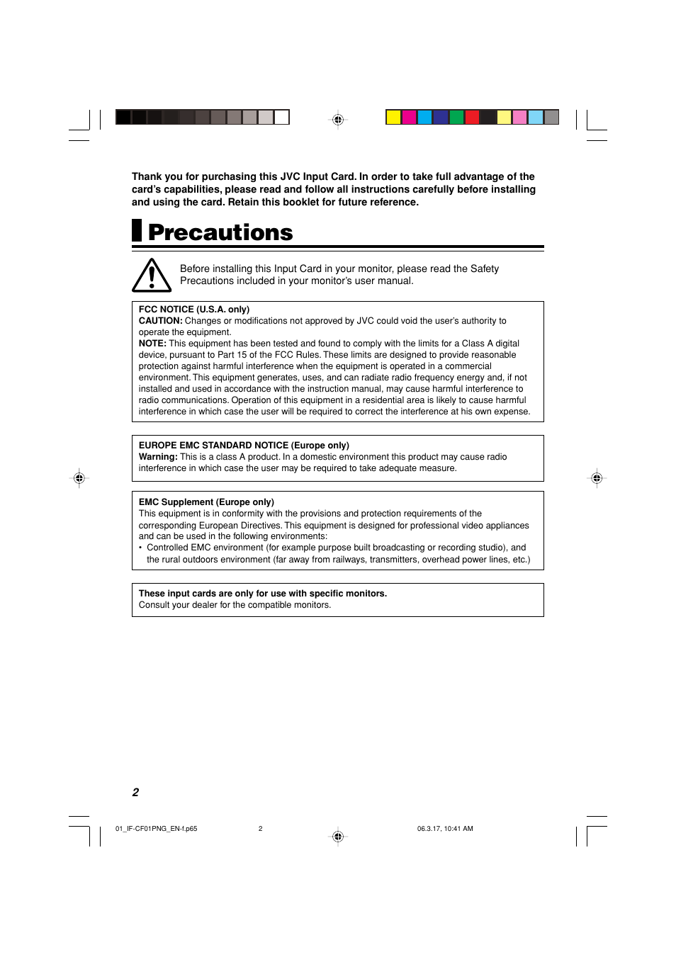 Precautions | JVC Video Input Card IF-CF01PNG User Manual | Page 3 / 10