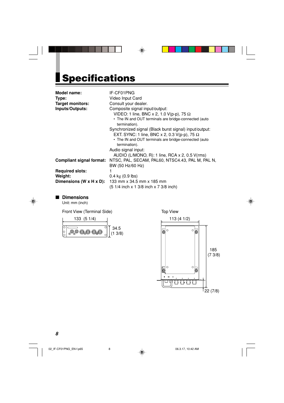 Specifications, Dimensions | JVC Video Input Card IF-CF01PNG User Manual | Page 9 / 10