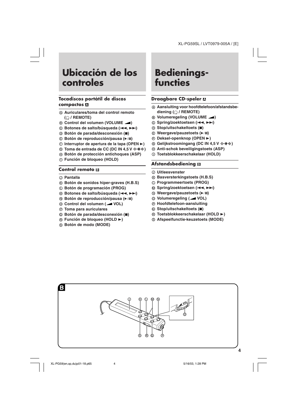 Ubicación de los controles, Bedienings- functies | JVC XL-PG59SL User Manual | Page 13 / 42