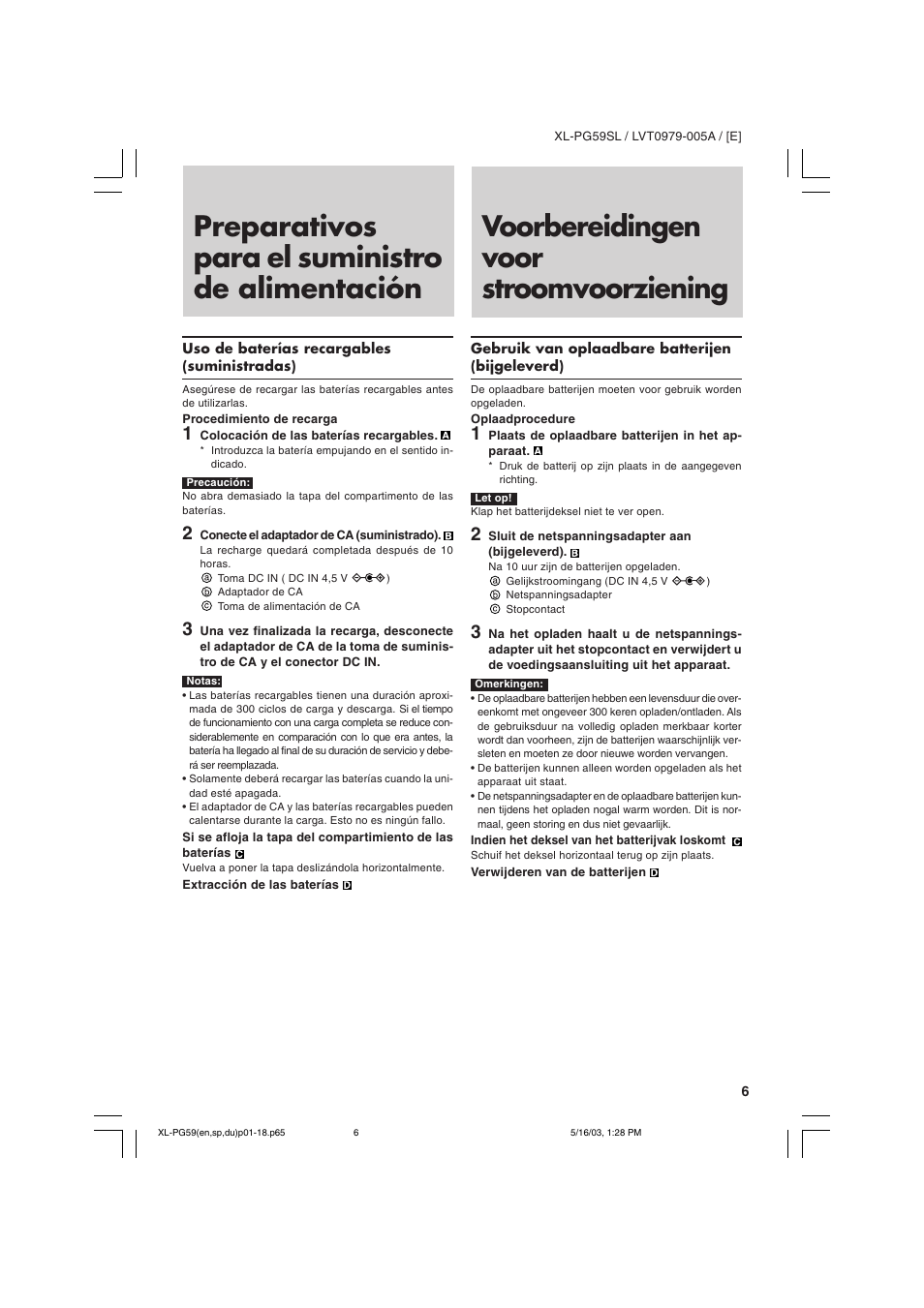 Preparativos para el suministro de alimentación, Voorbereidingen voor stroomvoorziening | JVC XL-PG59SL User Manual | Page 15 / 42
