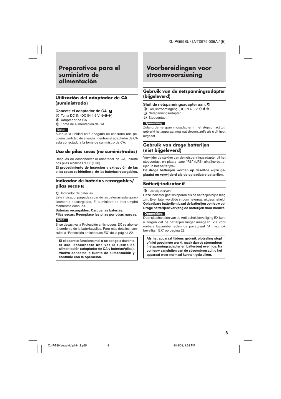 Preparativos para el suministro de alimentación, Voorbereidingen voor stroomvoorziening | JVC XL-PG59SL User Manual | Page 17 / 42