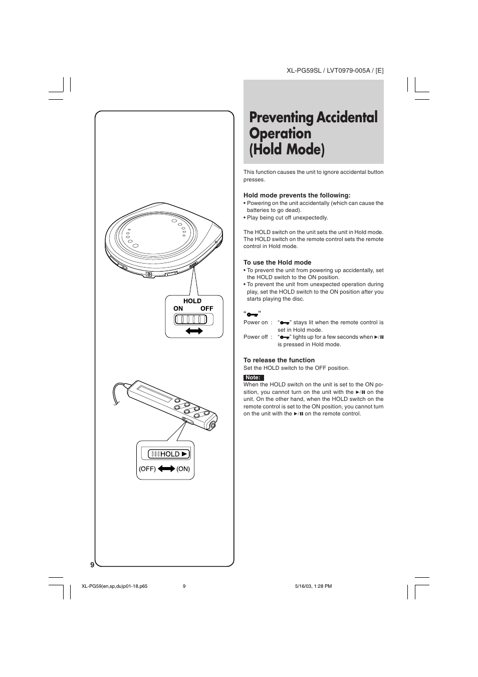Preventing accidental operation (hold mode) | JVC XL-PG59SL User Manual | Page 18 / 42