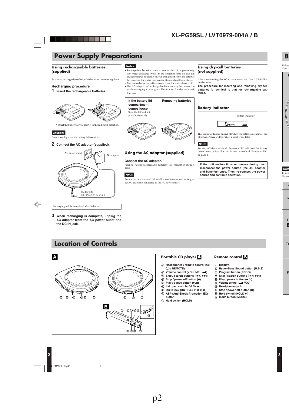 Power supply preparations, Location of controls | JVC XL-PG59SL User Manual | Page 2 / 42