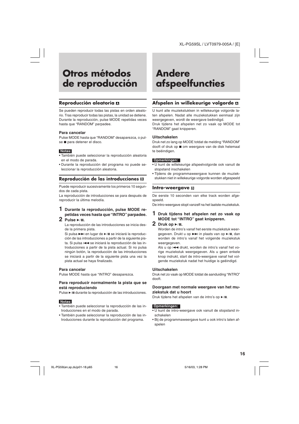 Otros métodos de reproducción, Andere afspeelfuncties | JVC XL-PG59SL User Manual | Page 25 / 42