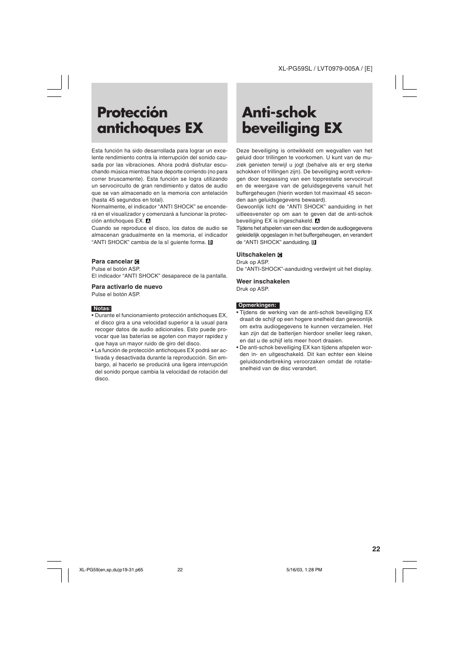 Protección antichoques ex, Anti-schok beveiliging ex | JVC XL-PG59SL User Manual | Page 31 / 42