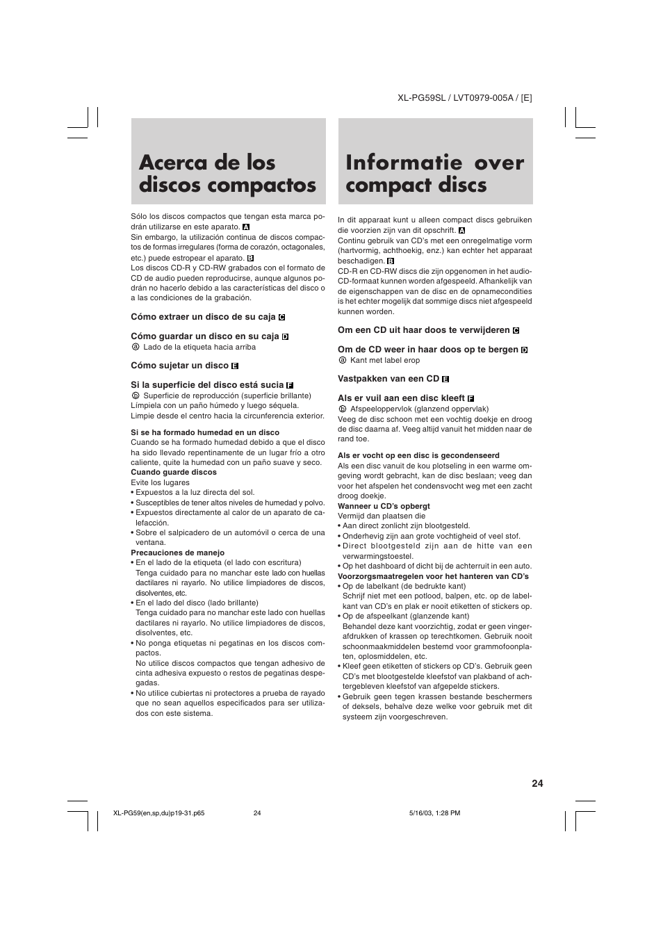 Acerca de los discos compactos, Informatie over compact discs | JVC XL-PG59SL User Manual | Page 33 / 42