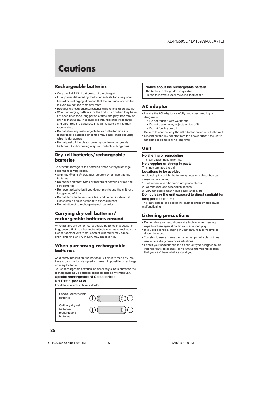 Cautions, Rechargeable batteries, Dry cell batteries/rechargeable batteries | When purchasing rechargeable batteries, Ac adaptor, Unit, Listening precautions | JVC XL-PG59SL User Manual | Page 34 / 42