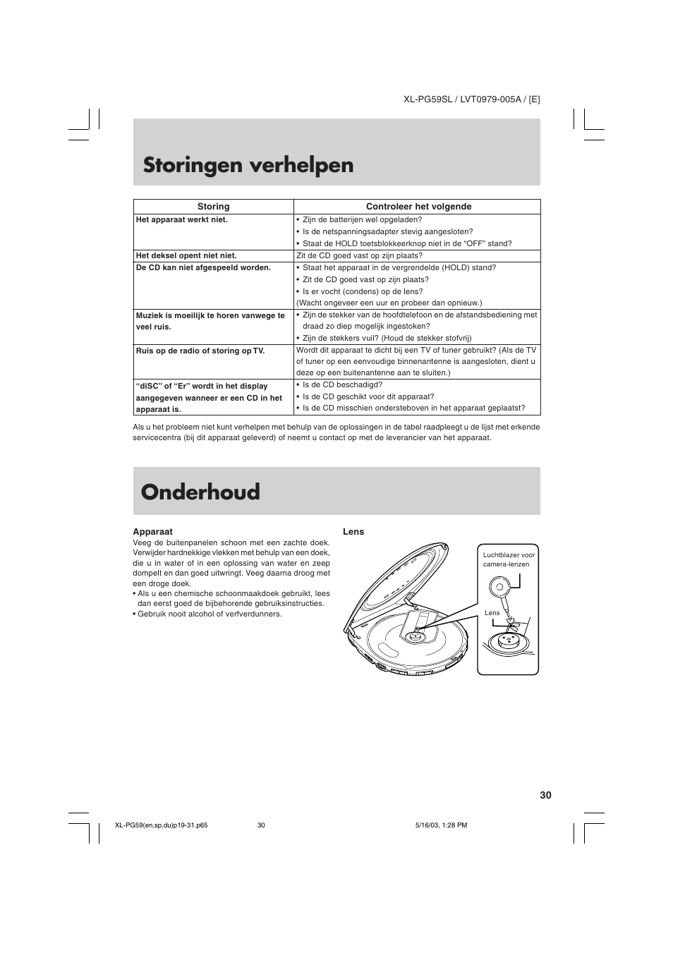 Storingen verhelpen, Onderhoud | JVC XL-PG59SL User Manual | Page 39 / 42