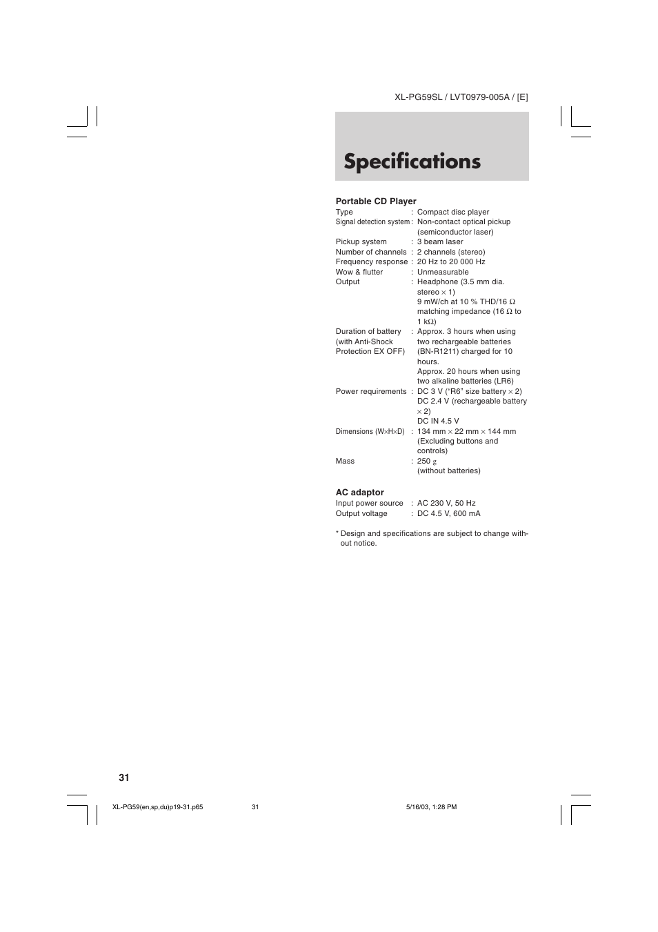 Specifications | JVC XL-PG59SL User Manual | Page 40 / 42