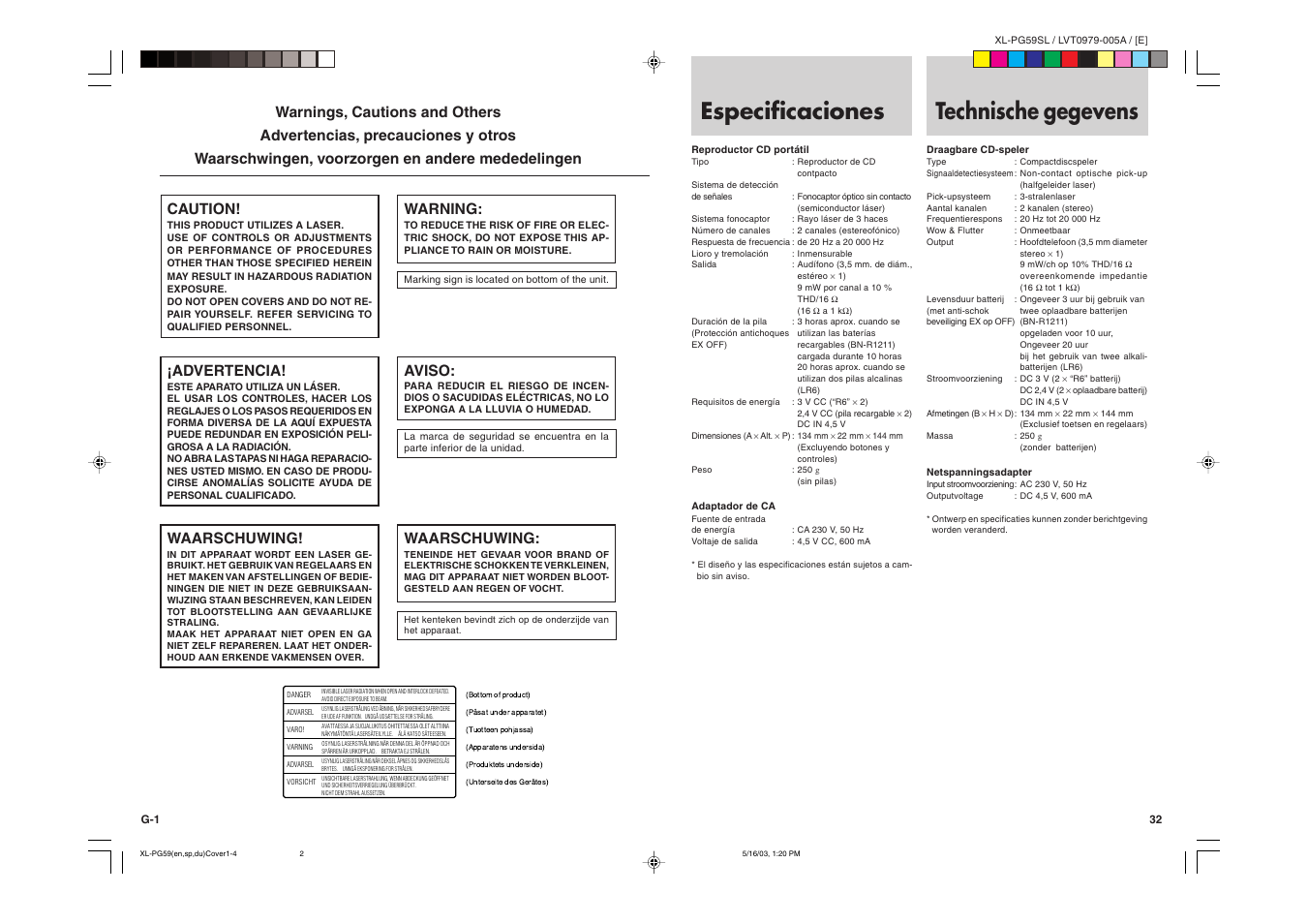 Technische gegevens, Especificaciones, Caution | Advertencia, Waarschuwing, Warning, Aviso | JVC XL-PG59SL User Manual | Page 41 / 42