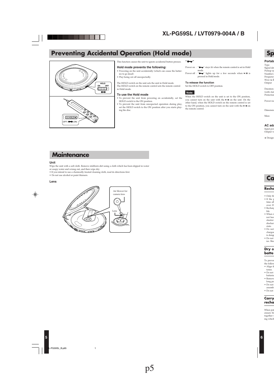 Preventing accidental operation (hold mode), Maintenance, Sp ca | JVC XL-PG59SL User Manual | Page 5 / 42