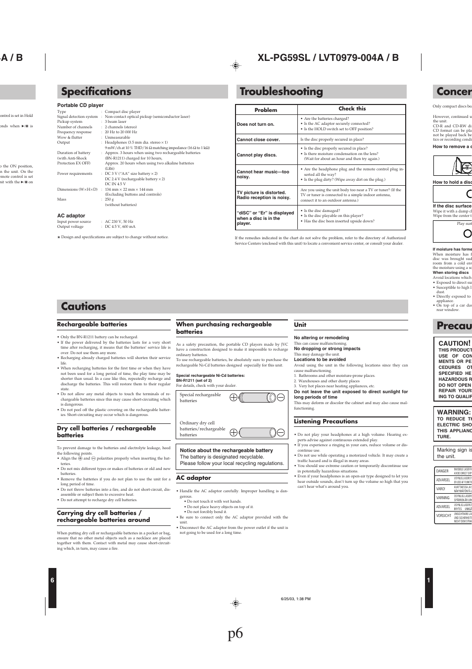 Specifications, Troubleshooting, Cautions | Concer precau, Specifications troubleshooting, Caution, Warning | JVC XL-PG59SL User Manual | Page 6 / 42