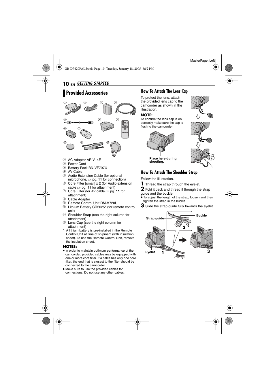 Provided accessories, How to attach the lens cap, How to attach the shoulder strap | Pg. 10) | JVC GR-DF420 User Manual | Page 10 / 52