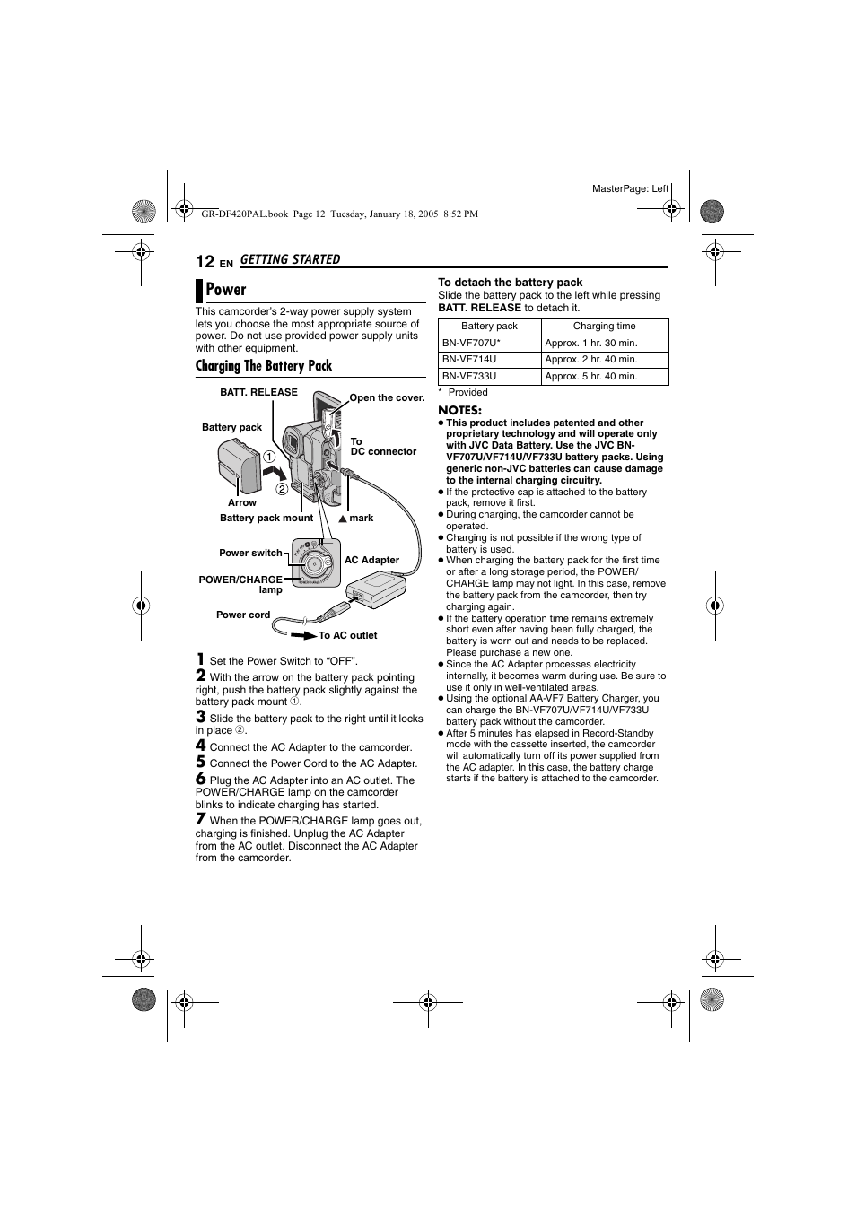 Power, Charging the battery pack, Pg. 12) | Pg. 12, 17 | JVC GR-DF420 User Manual | Page 12 / 52