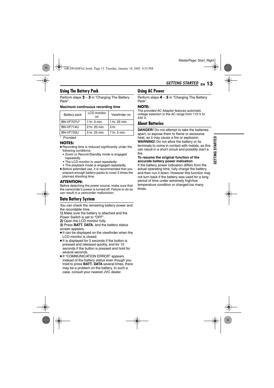 Using the battery pack, Data battery system, Using ac power | About batteries, Tton, Pg. 13) | JVC GR-DF420 User Manual | Page 13 / 52