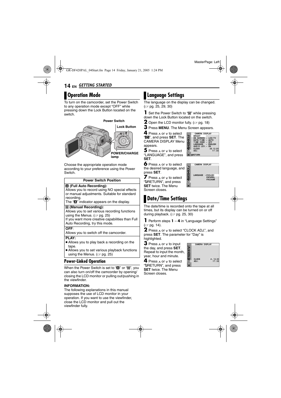 Operation mode, Power-linked operation, Language settings | Date/time settings, 14 language settings, 14 date/time settings, Pg. 14), Language settings date/time settings, Getting started, Open the lcd monitor fully . ( ੬ pg. 18) | JVC GR-DF420 User Manual | Page 14 / 52