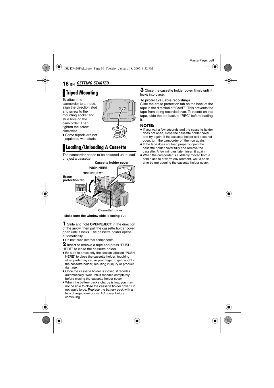 Tripod mounting, Loading/unloading a cassette, 16 loading/unloading a cassette | Pg. 16), Tripod mounting loading/unloading a cassette | JVC GR-DF420 User Manual | Page 16 / 52