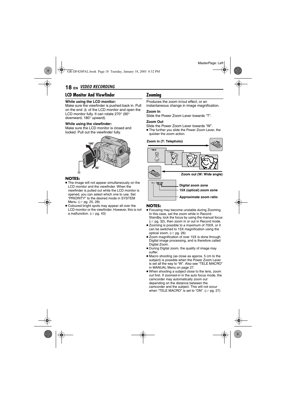 Lcd monitor and viewfinder, Zooming, 18 zooming | Pg. 18), Pg. 18, 1, Video recording | JVC GR-DF420 User Manual | Page 18 / 52