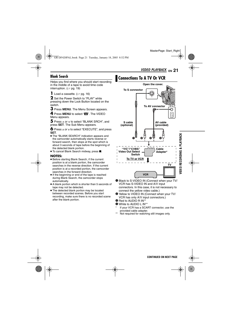 Blank search, Connections to a tv or vcr, Pg. 21, 3 | Pg. 21) | JVC GR-DF420 User Manual | Page 21 / 52