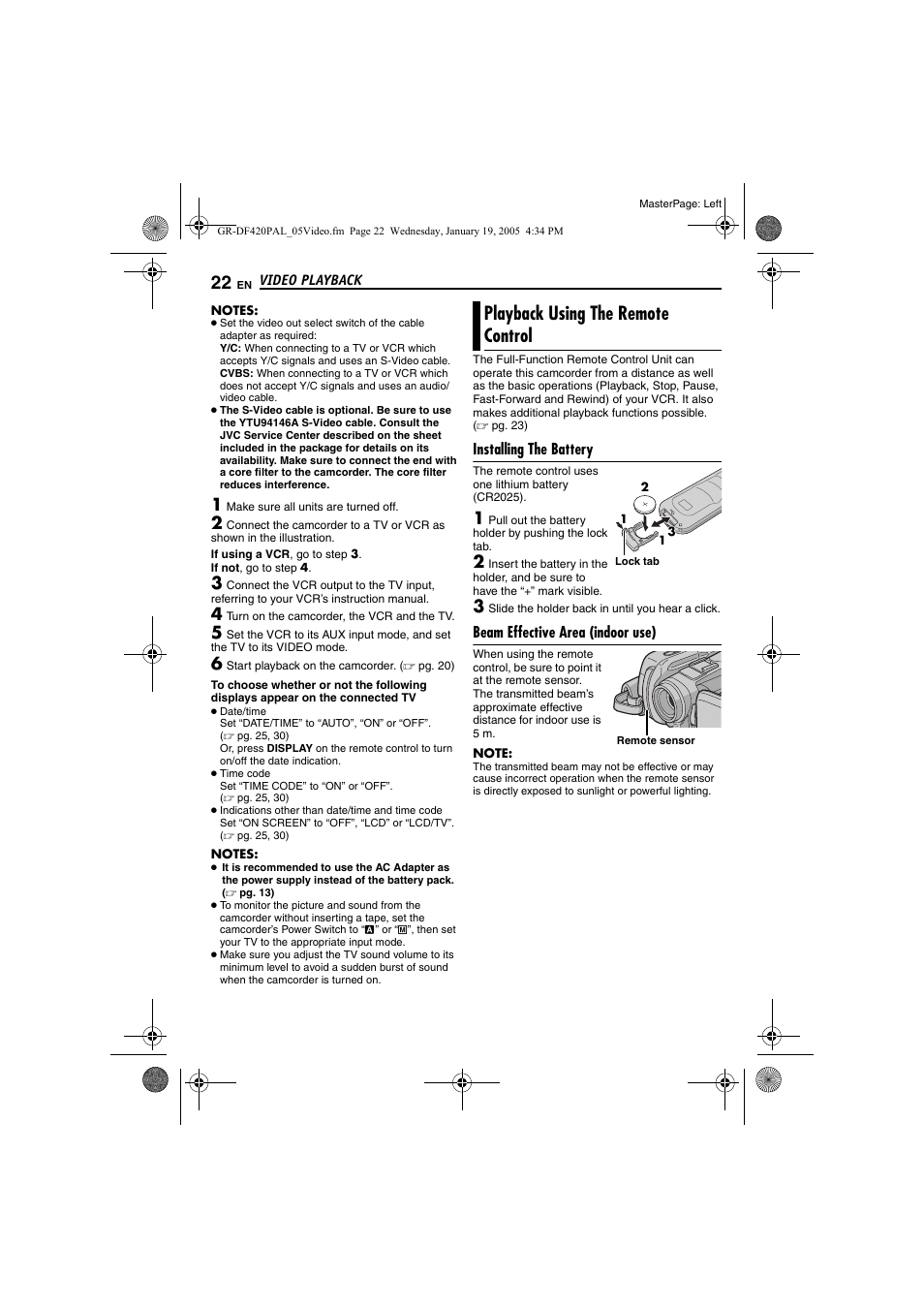 Playback using the remote control, Installing the battery, Beam effective area (indoor use) | JVC GR-DF420 User Manual | Page 22 / 52