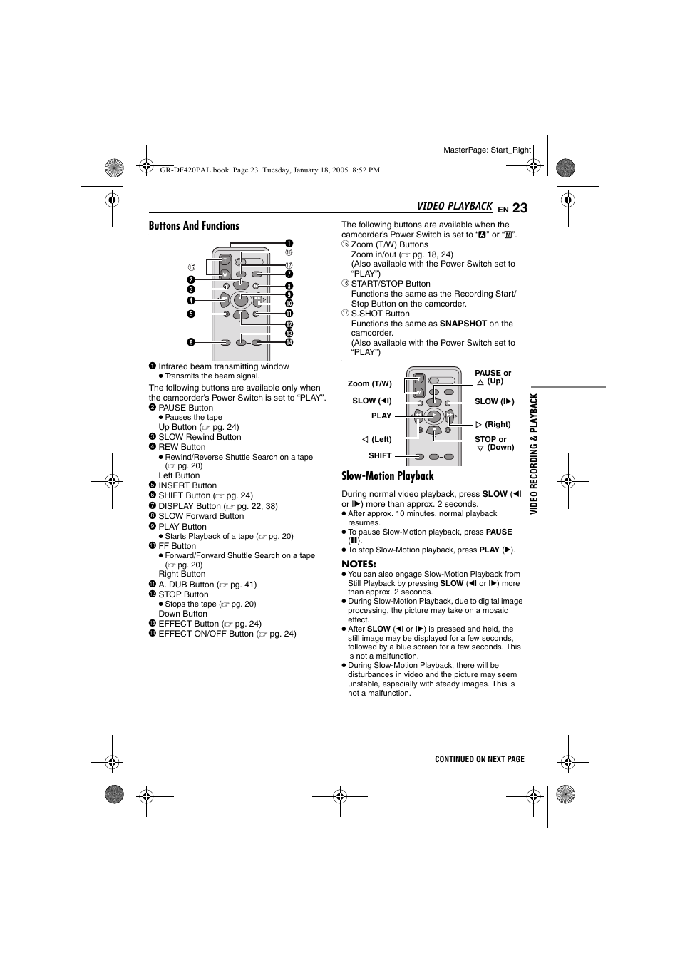 Buttons and functions, Slow-motion playback, Pg. 23) | JVC GR-DF420 User Manual | Page 23 / 52