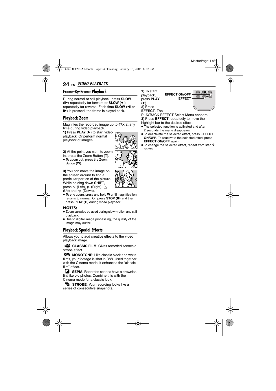 Frame-by-frame playback, Playback zoom, Playback special effects | Pg. 24) | JVC GR-DF420 User Manual | Page 24 / 52