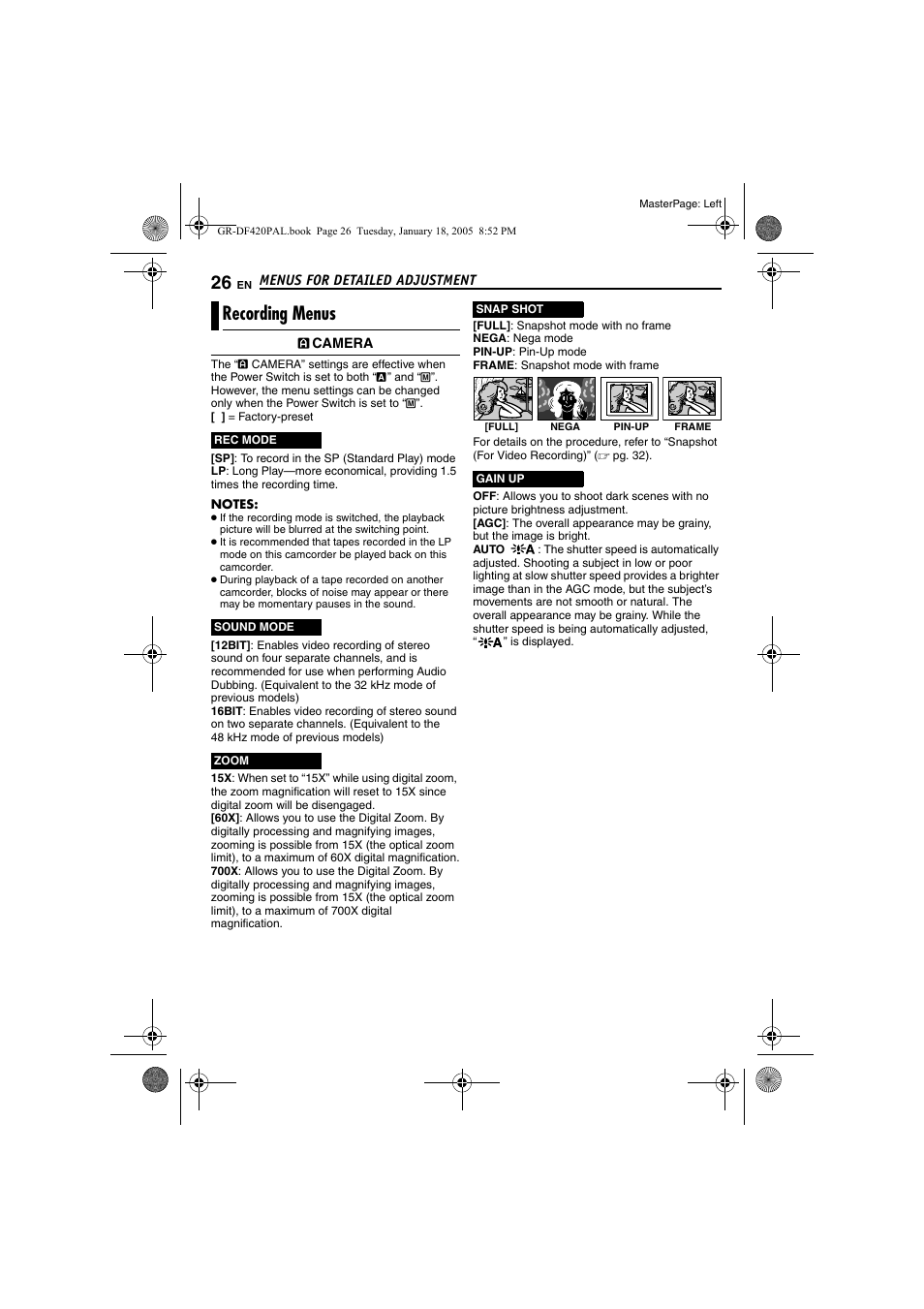 Recording menus, Pg. 26), Pg. 26) (a | Pg. 26 | JVC GR-DF420 User Manual | Page 26 / 52