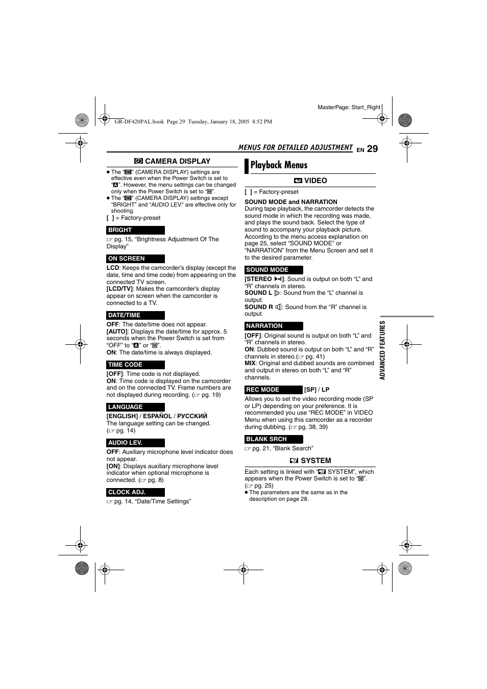 Playback menus, Pg. 29), Pg. 29, “audio lev.”) | Pg. 29, 3, Time, Pg. 29, Pg. 29, 30 | JVC GR-DF420 User Manual | Page 29 / 52