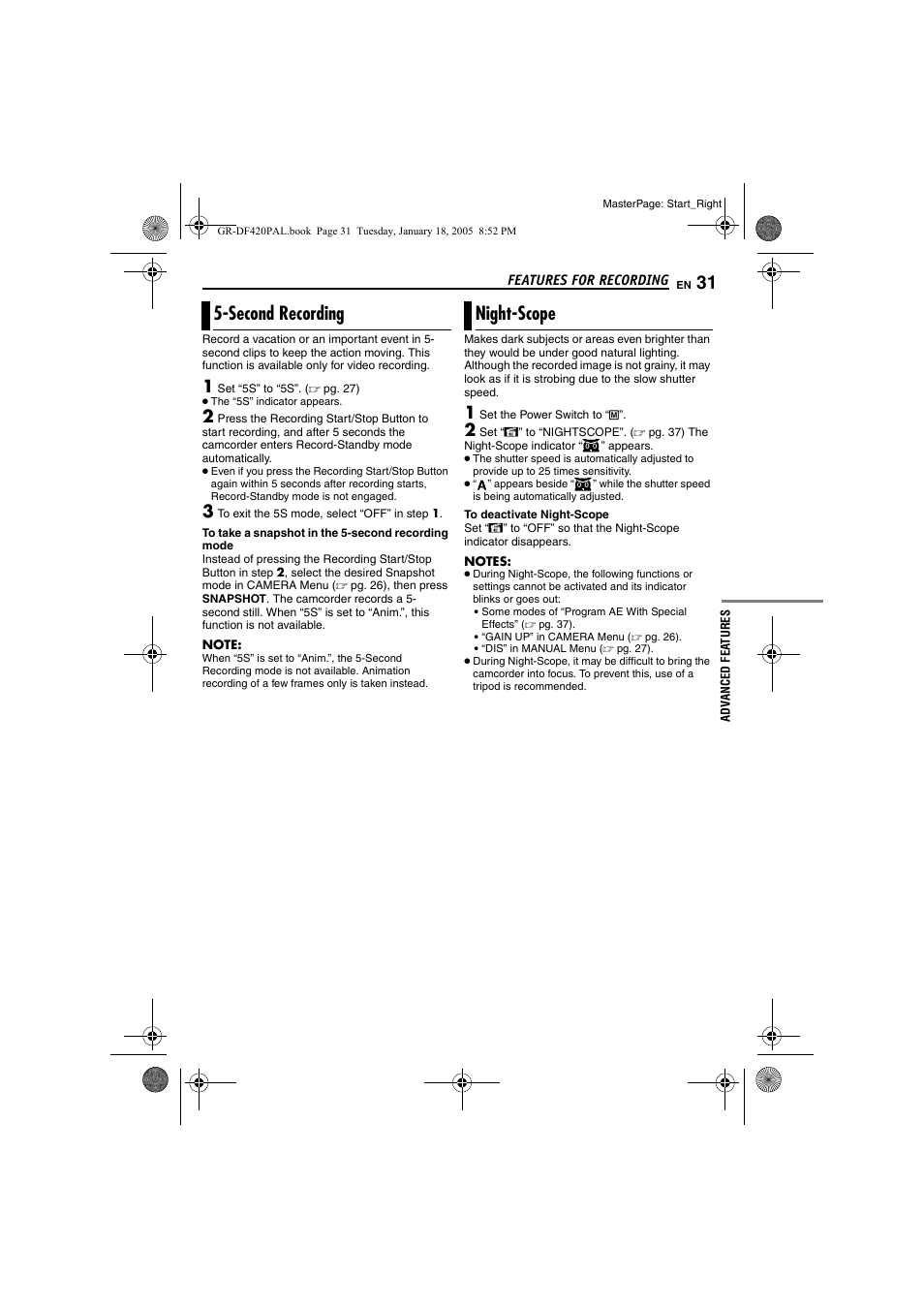 Features for recording, Second recording, Night-scope | 31 night-scope, Pg. 31), Second recording night-scope | JVC GR-DF420 User Manual | Page 31 / 52