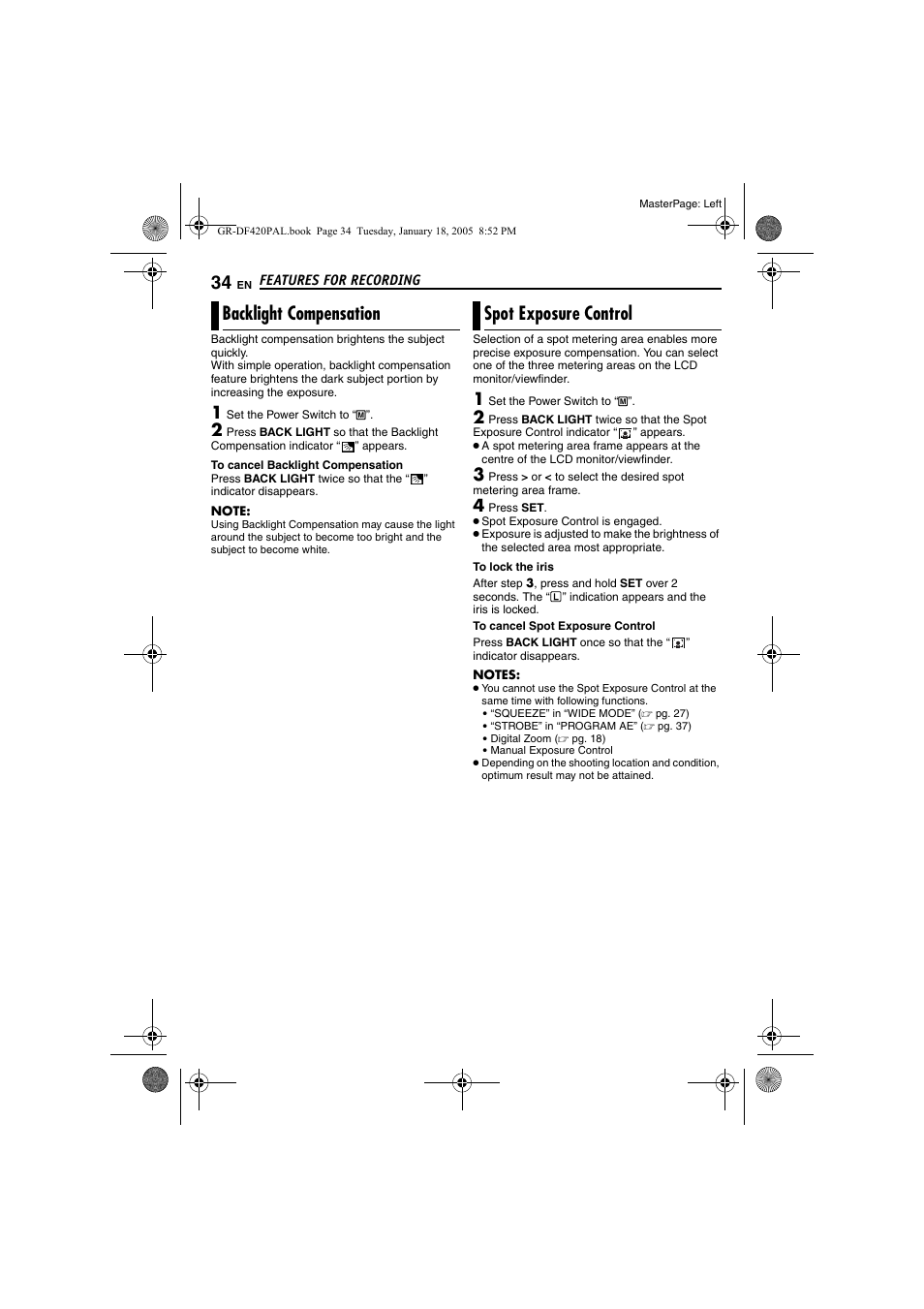 Backlight compensation, Spot exposure control, Pg. 34) | Pg. 34, spot exposure, Control), 34 spot exposure control, Light, Backlight compensation spot exposure control | JVC GR-DF420 User Manual | Page 34 / 52