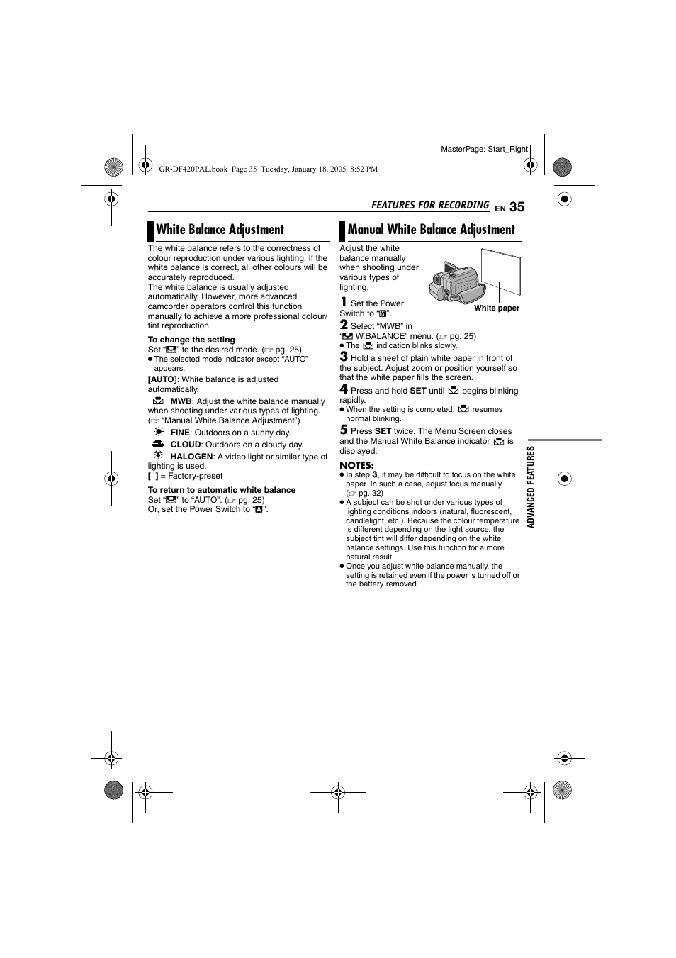 White balance adjustment, Manual white balance adjustment, 35 manual white balance adjustment | Pg. 35) | JVC GR-DF420 User Manual | Page 35 / 52