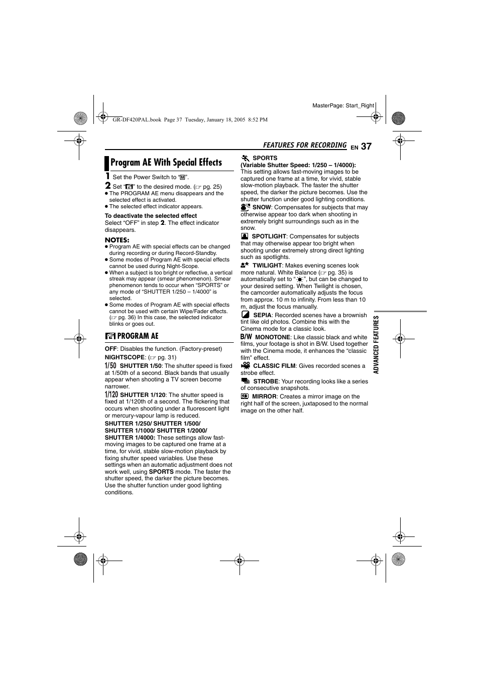 Program ae with special effects, Program ae, Motion | Pg. 37), Program ae with special, Effects, Pg. 37) i | JVC GR-DF420 User Manual | Page 37 / 52