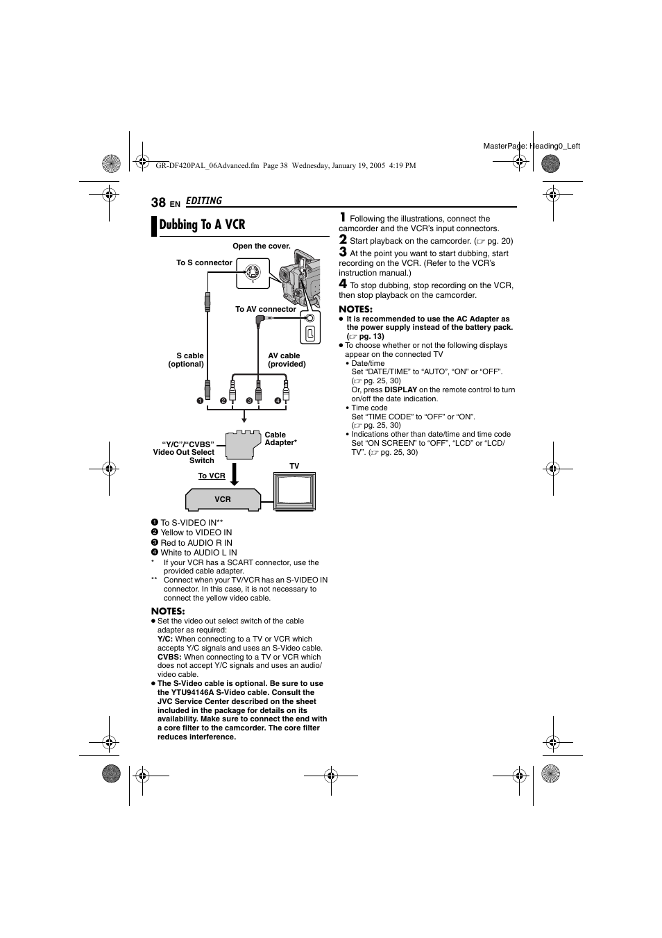 Editing, Dubbing to a vcr, Pg. 38, 3 | JVC GR-DF420 User Manual | Page 38 / 52