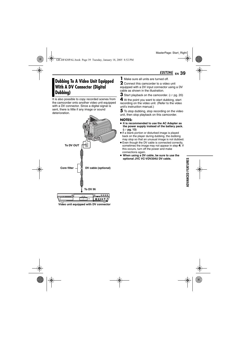 Dubbing to a video unit equipped with a dv, Connector (digital dubbing), Pg. 39, 4 | JVC GR-DF420 User Manual | Page 39 / 52