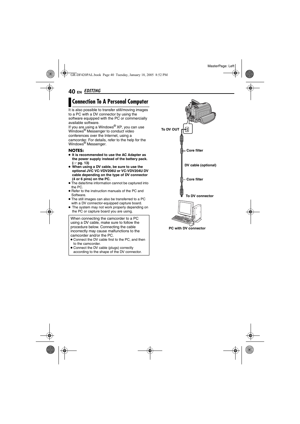 Connection to a personal computer | JVC GR-DF420 User Manual | Page 40 / 52