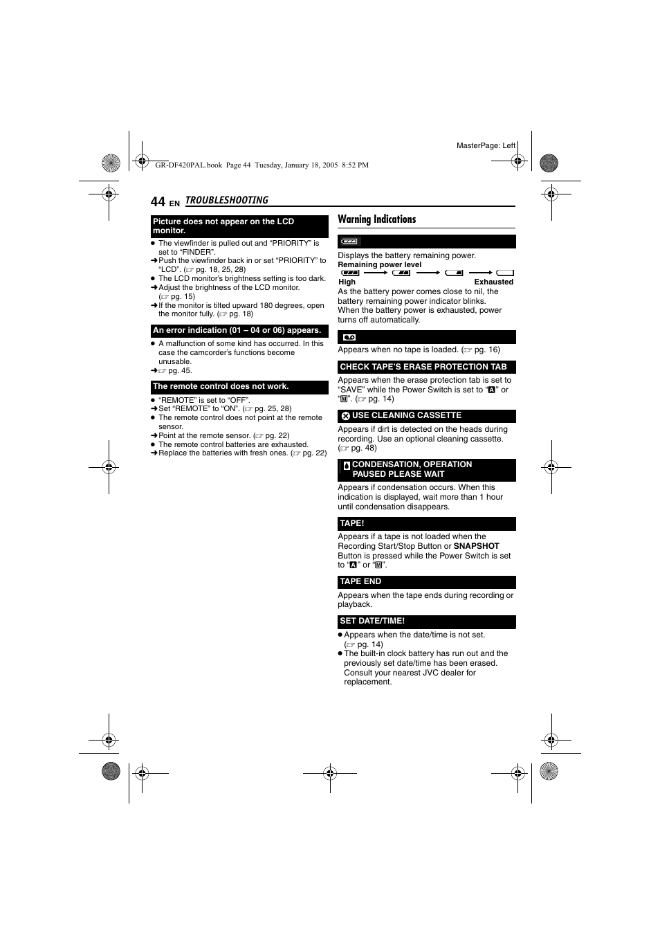 Warning indications, Pg. 44) | JVC GR-DF420 User Manual | Page 44 / 52