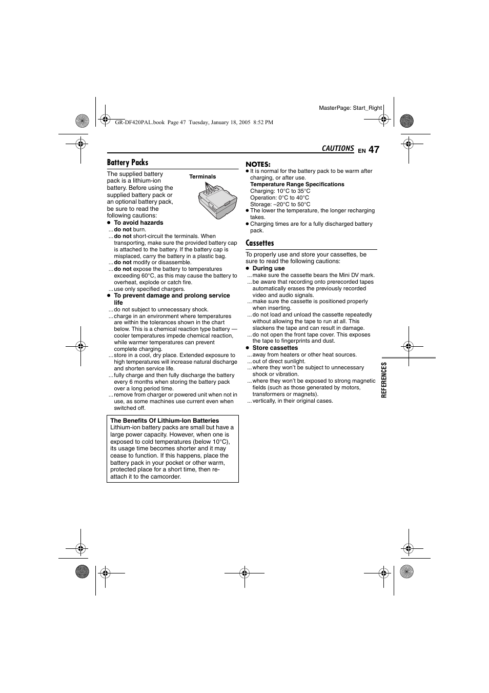 Cautions, Battery packs, Cassettes | Pg. 47) | JVC GR-DF420 User Manual | Page 47 / 52