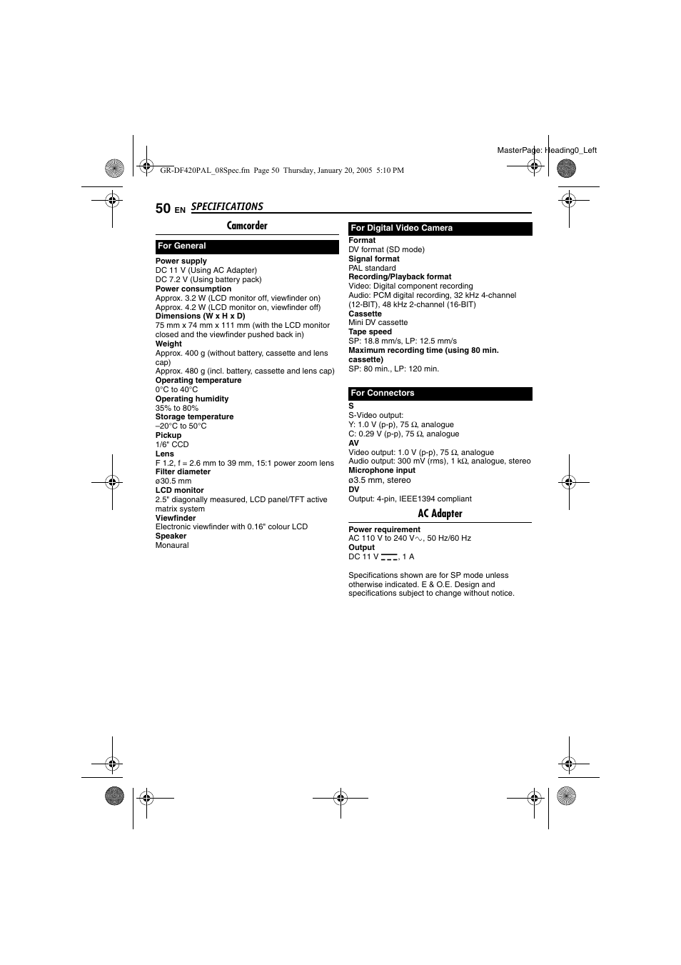 Specifications, Camcorder, Ac adapter | JVC GR-DF420 User Manual | Page 50 / 52