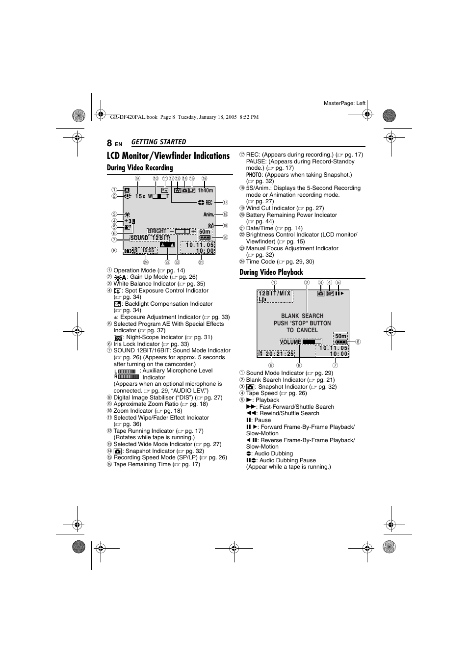 Lcd monitor/viewfinder indications, During video recording, During video playback | JVC GR-DF420 User Manual | Page 8 / 52