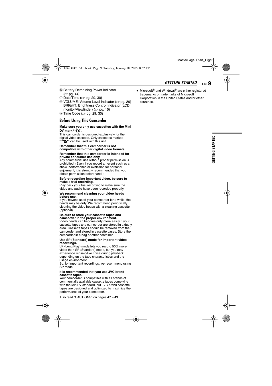 Before using this camcorder, 9 to | JVC GR-DF420 User Manual | Page 9 / 52